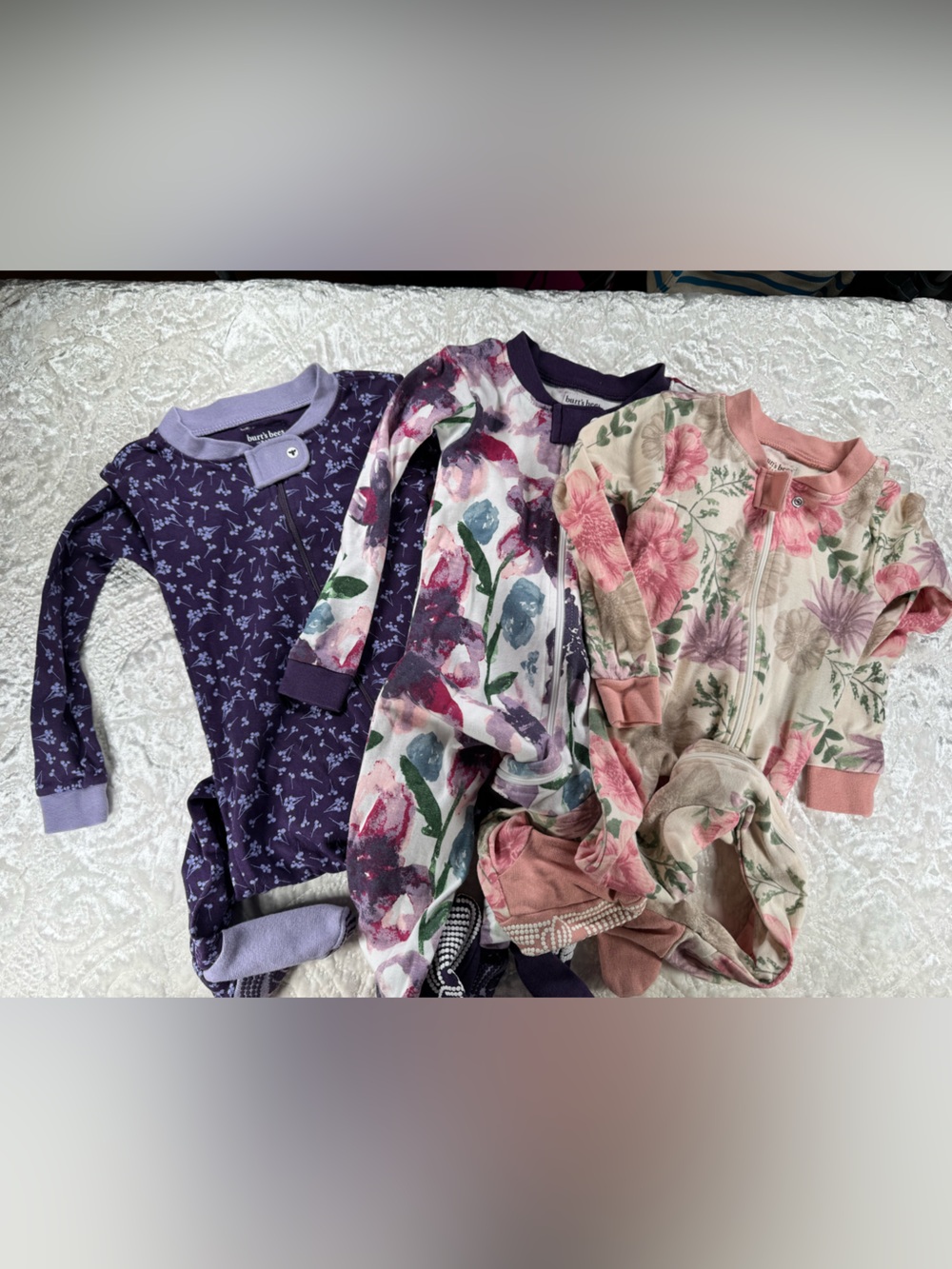 Burt's Bees Floral Zip Romper Pack - Purple, Pink & Cream set of 3